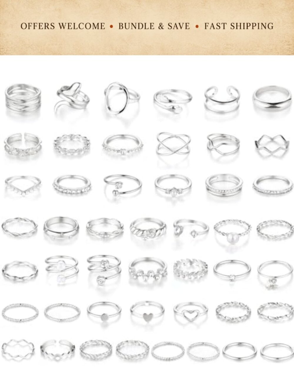 47pc Stacking Knuckle Rings Set Crystal Zirconia Silver Plated Brass Midi